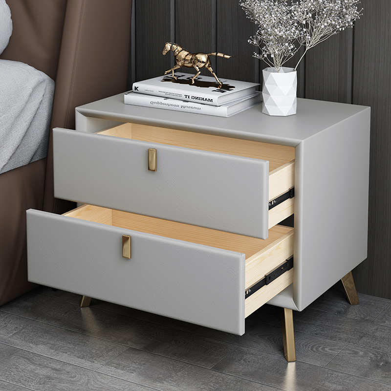 Solid Wood Nightstand 2 Drawers - Modern Style Faux Leather Bedroom Nightstands