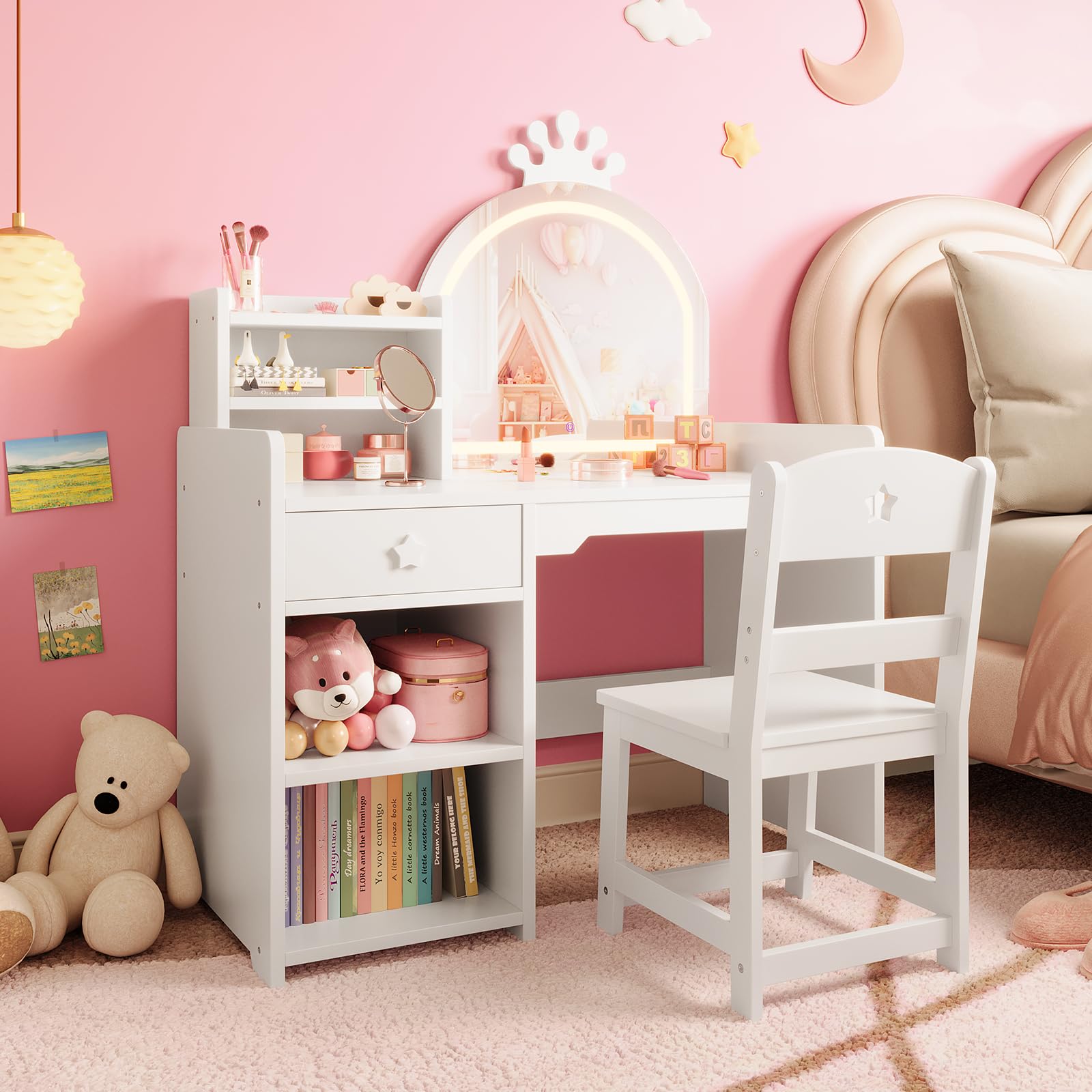 Kids Vanity Table & Chair Set  - Dressing Table Vanity With Lighted Mirror review and price