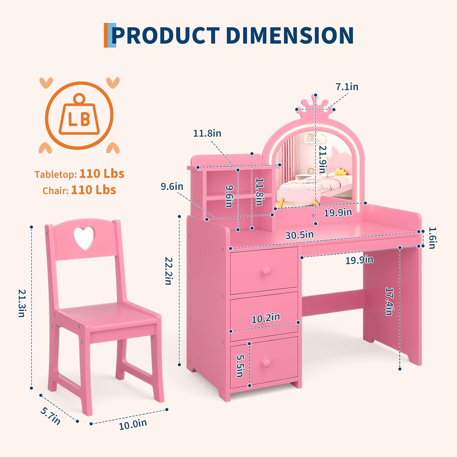 Kids Vanity Desk with Lighted  - Dressing Table Vanity With Lighted Mirror review and price